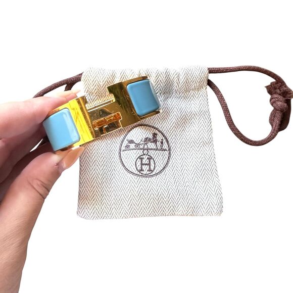 HERMES Clic Clac H Bracelet Light Blue/Gold w Dustbag - Picture 1 of 4
